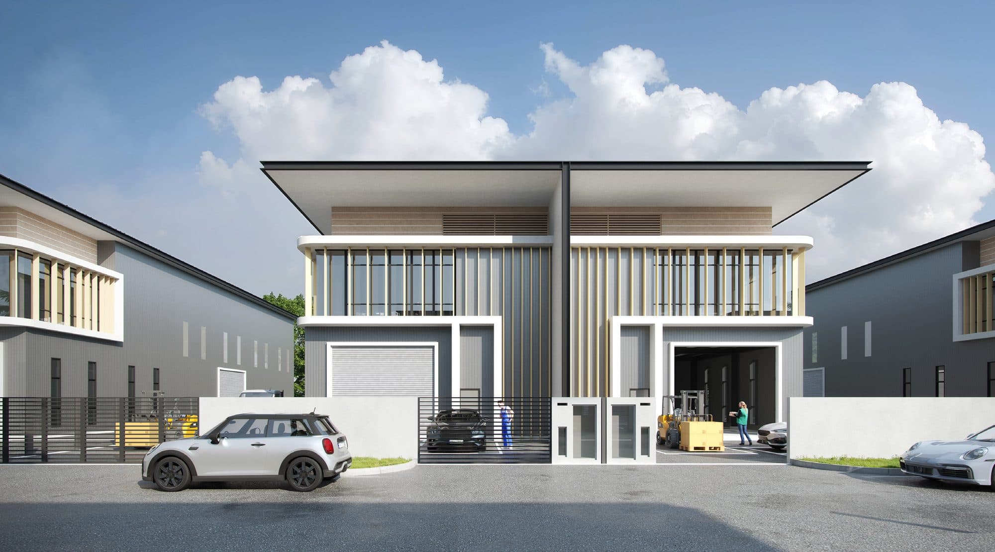 Front facade of a 2-storey semi-detached factory at Nexus Industrial Hub, Sungai Jawi