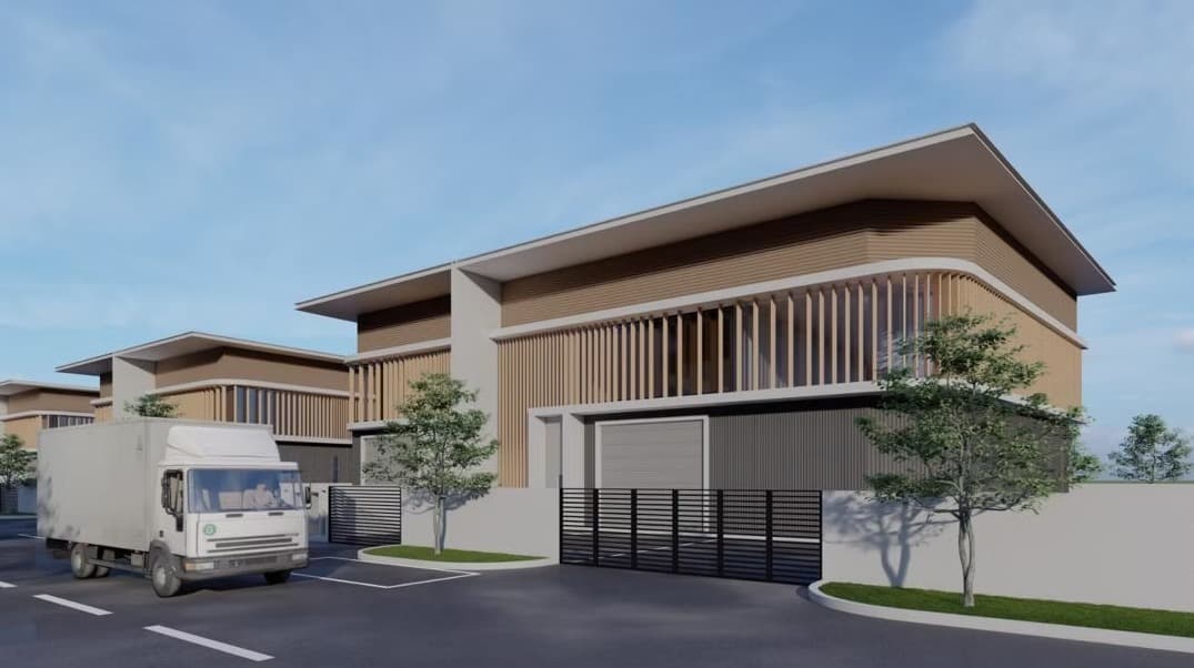 Streetscape of factory units with timber-fin louvres at Nexus Industrial Hub, Penang