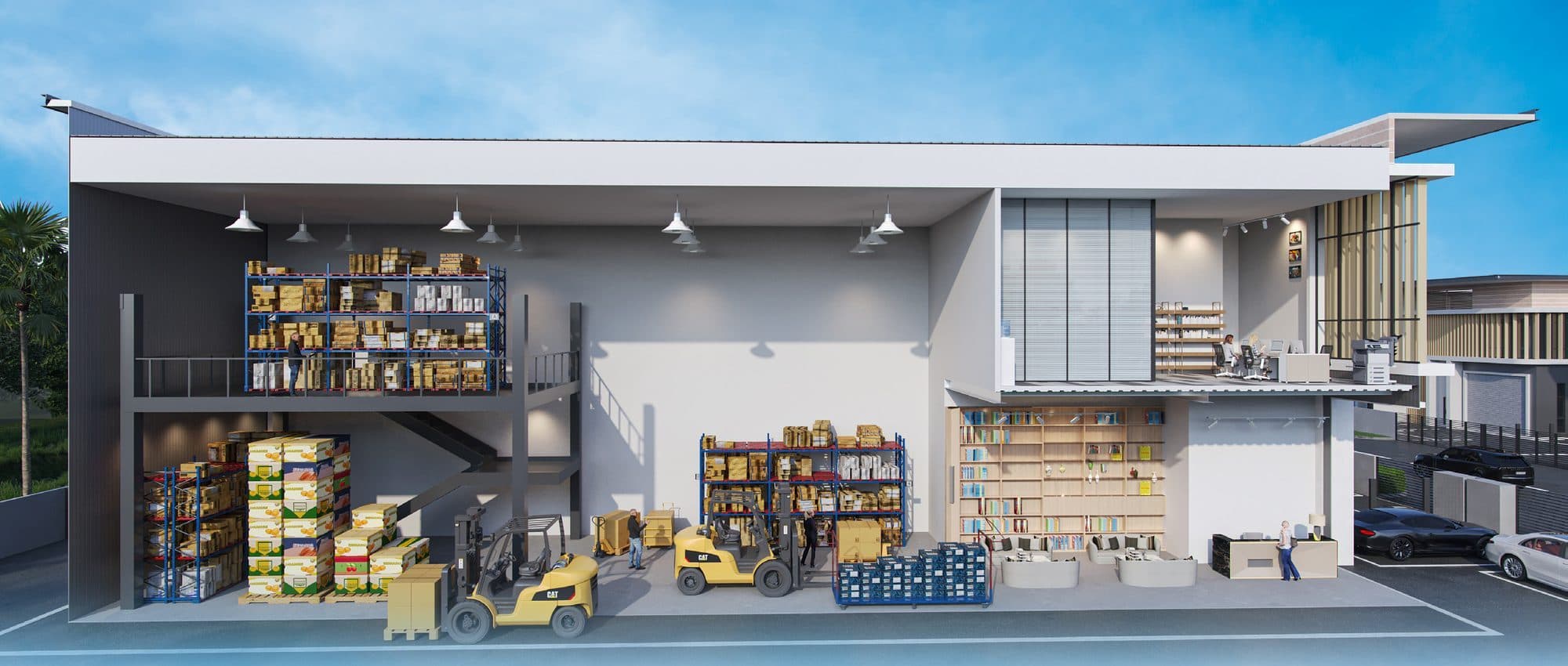Cutaway view of a Nexus Industrial Hub factory showing ground-floor warehouse with racking and first-floor office