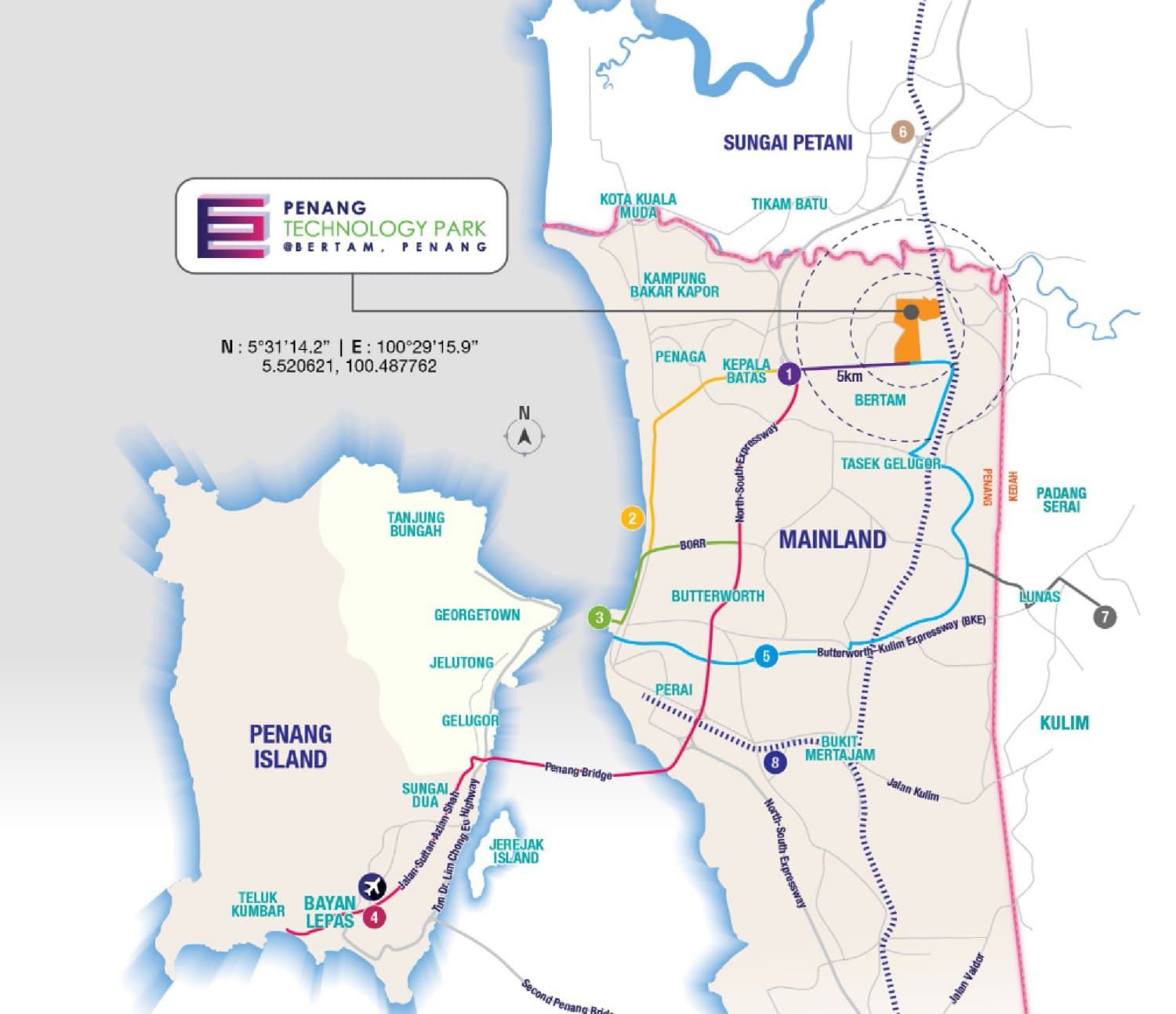Location map of Penang Technology Park @ Bertam with numbered reference points to the North-South Expressway, Penang Port, Penang International Airport and Kulim Hi-Tech Park